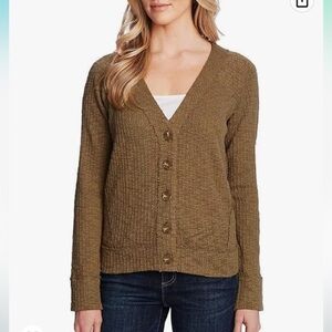 Two By Vince Camuto Textured Olive Green Boxy Fit Cardigan Women's Size Large